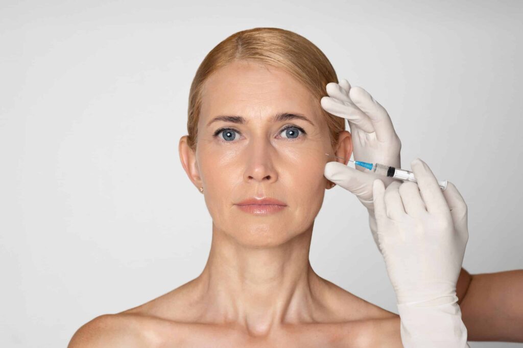 Attractive blond woman stares at camera, looking confident as a gloved hand injects Sculptra dermal filler in her cheek